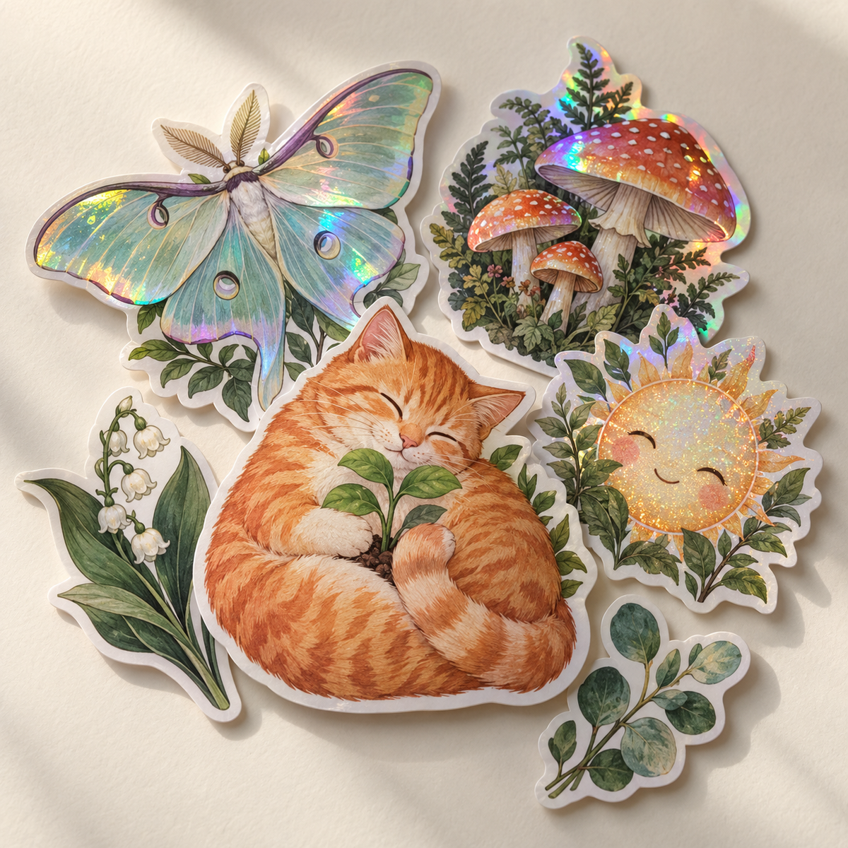 Photorealistic concept of custom vinyl, holographic and fine glitter stickers with original botanical artwork